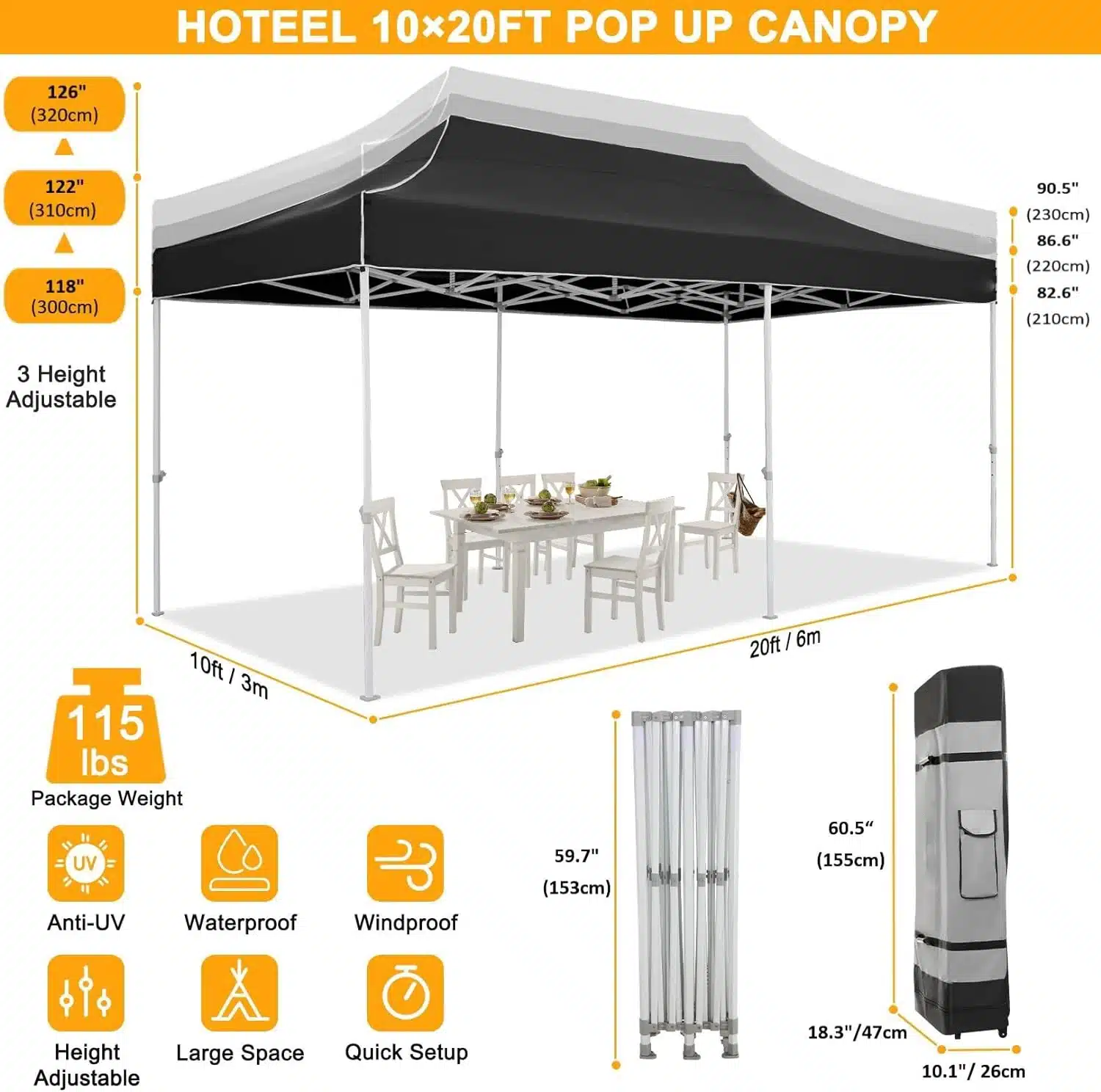 10x20 Heavy Duty Pop Up Canopy Tent for Party Events Instant Canopy with Roller Bag, Waterproof - Image 13