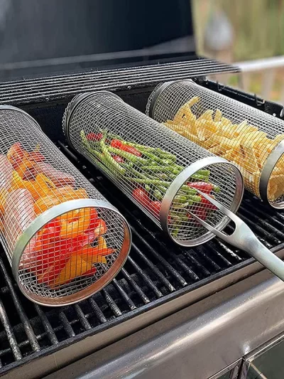 BBQ Basket Stainless Steel Rolling Grilling Basket Wire Mesh Cylinder Grill Basket Portable Round Outdoor Camping Barbecue Rack