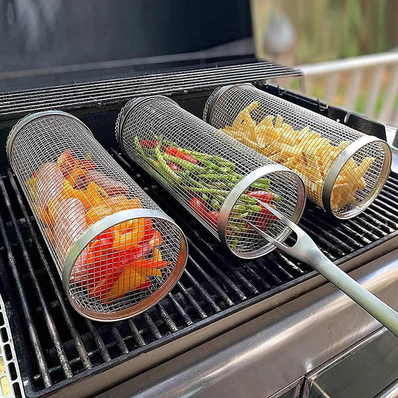 BBQ Basket Stainless Steel Rolling Grilling Basket Wire Mesh Cylinder Grill Basket Portable Round Outdoor Camping Barbecue Rack - Image 6