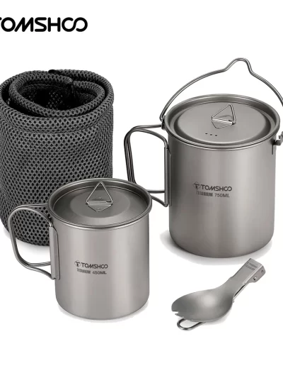 Tomshoo 3 PCS Titanium Cookware Set Ultralight 750ml Pot 450ml Water Cup Mug w Lid Folding Spork for Outdoor Camping Backpacking