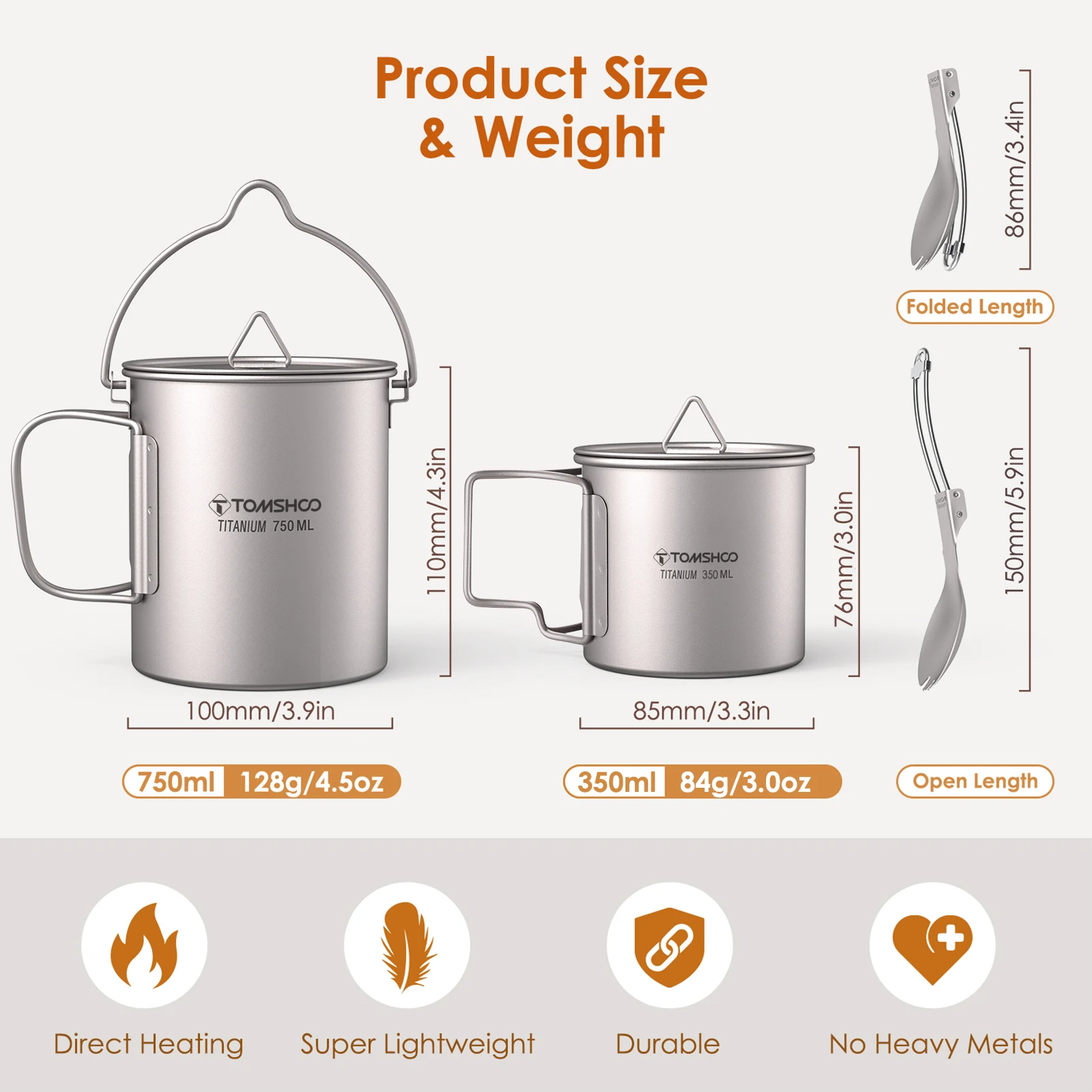 Tomshoo 3 PCS Titanium Cookware Set Ultralight 750ml Pot 450ml Water Cup Mug w Lid Folding Spork for Outdoor Camping Backpacking - Image 4