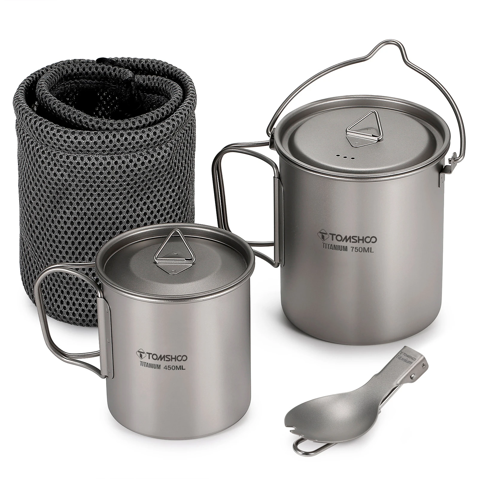 Tomshoo 3 PCS Titanium Cookware Set Ultralight 750ml Pot 450ml Water Cup Mug w Lid Folding Spork for Outdoor Camping Backpacking - Image 9
