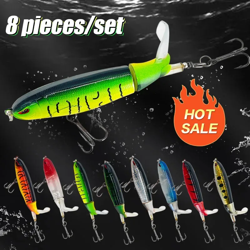 3/8/10Pcs Whopper Plopper 10Cm/14Cm Floating Per Fishing Lure Artificial Hard Bait Wobbler Rotating Tail Fishing Tackle 3D Eyes