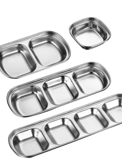 1PC Stainless Steel Multi Grid Seasoning Dish Partitioned Sauce Container Portable Dipping Bowl for Outdoor Camping Kitchen