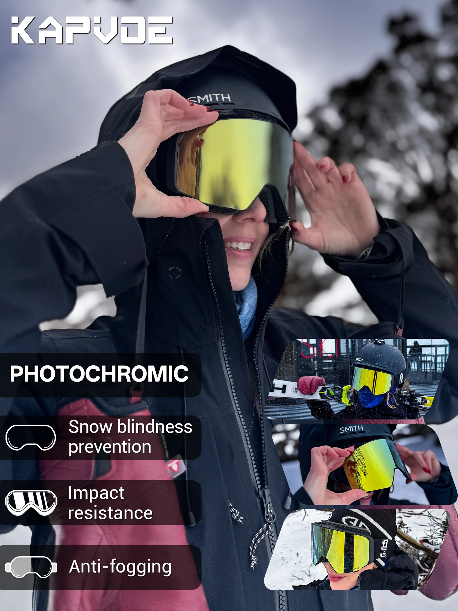 KAPVOE Outdoor Photochromic Ski Goggles Breathable HD Winter Sports Snow Glasses UV400 Anti-fog Magnetic Snowboard Glasses New - Image 2
