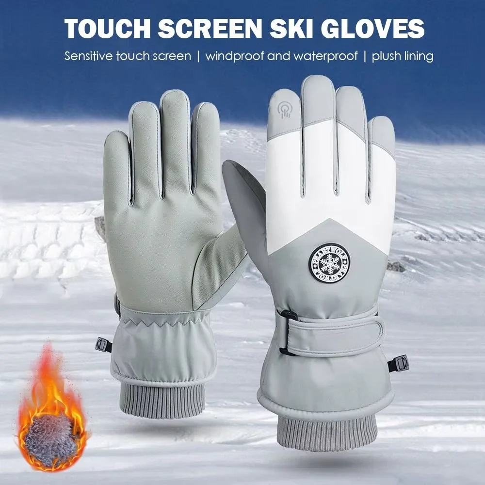 Winter Unisex Snowboard or Ski Gloves PU Leather Non-slip Touch Screen Waterproof Motorcycle Cycling Fleece Warm Snow Gloves